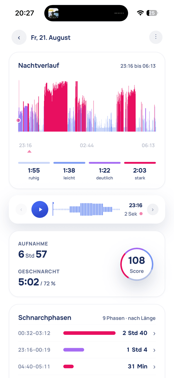 Ausschnitt aus der Snorly App: Nachtverlauf ohne Schiene