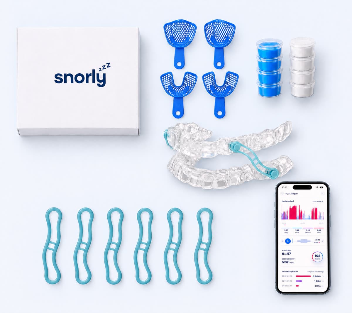 Lieferumfang: Abdruckset mit Löffeln und Abdruckmasse, die Schiene, sechs Verbinder und die Snorly App