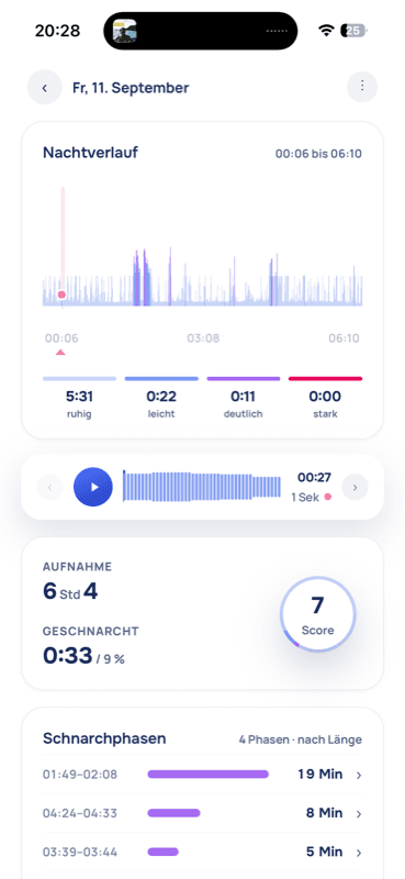 Snorly App, Nachtaufzeichnung mit Schiene